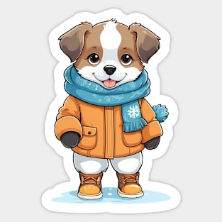 Winter Dog in Orange Coat and Blue Scarf Sticker
